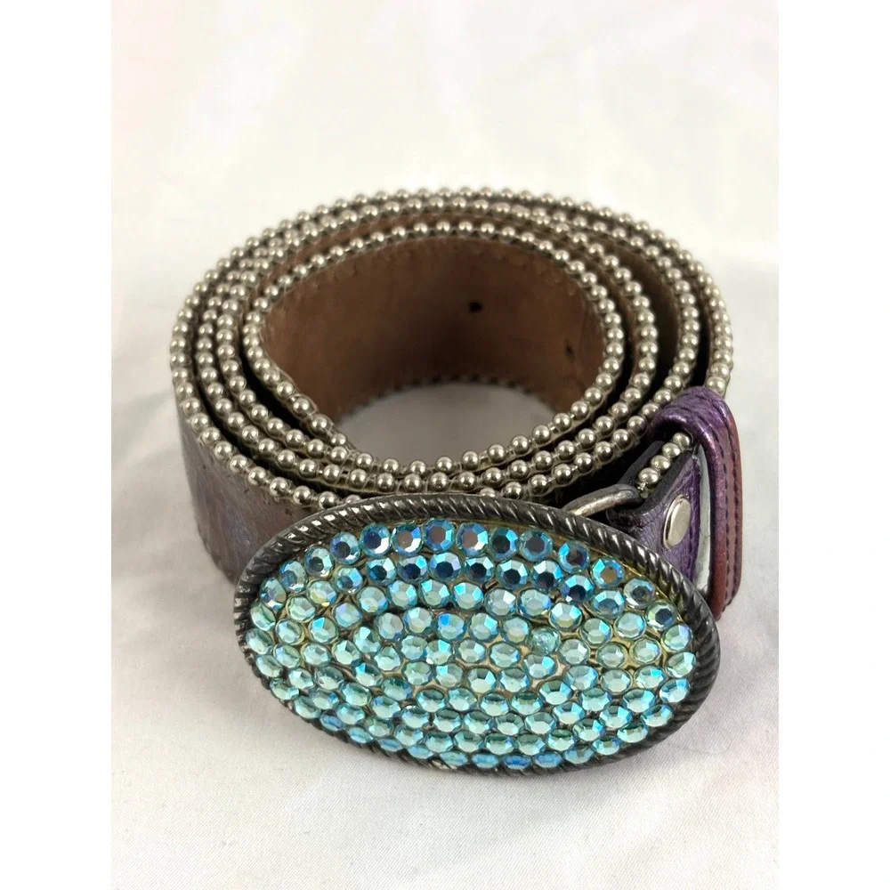 Vintage Rhinestone Belt Made in Spain Wide Leather Aurora Borealis Buckle Y2K